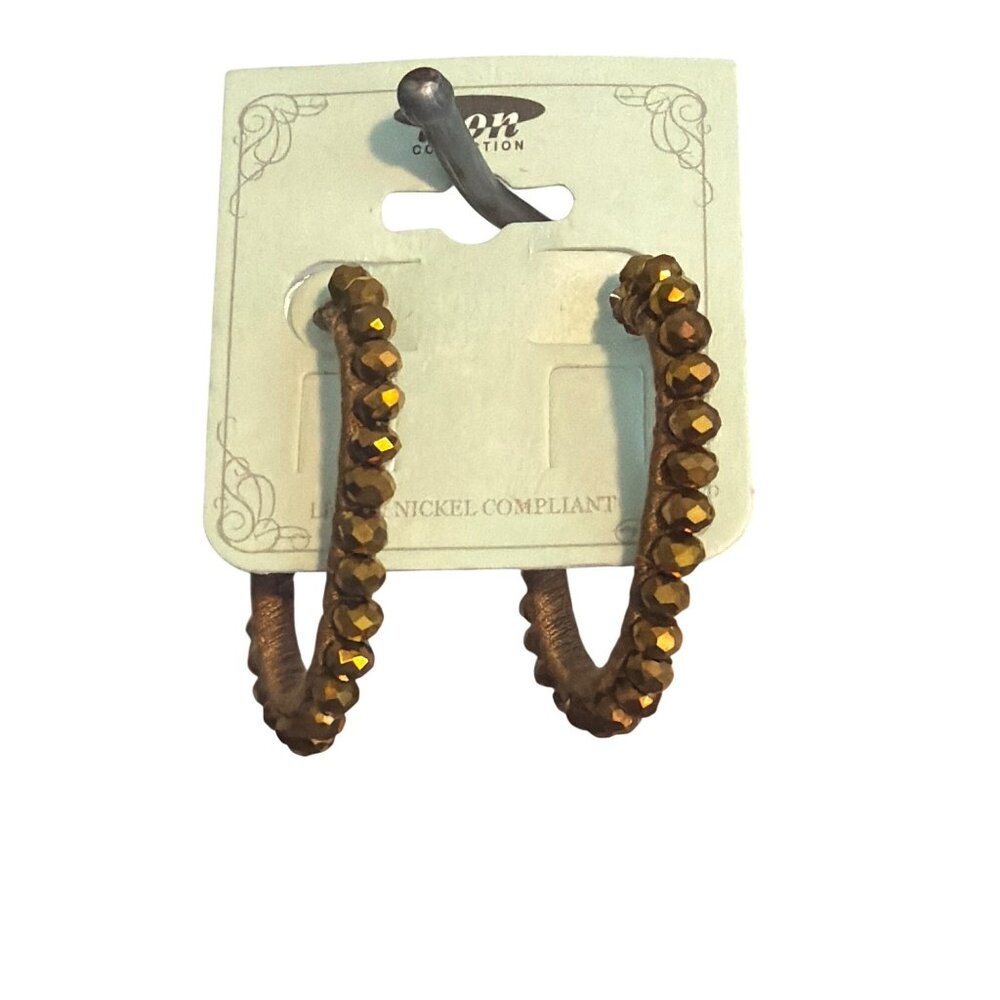Copper Tone Beaded Hoop Earrings Icon Collection 2" Pierced New on Card